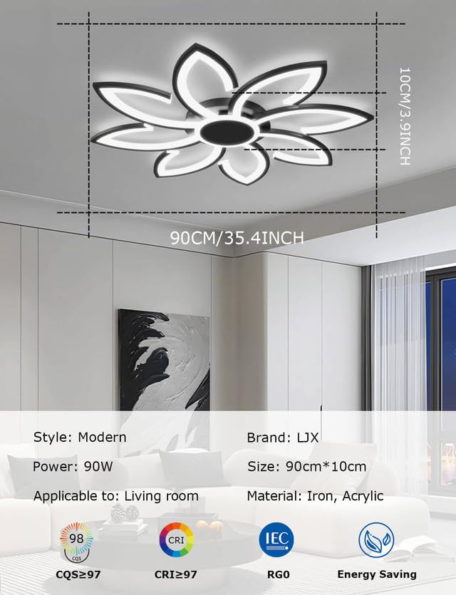 LJX 90cm Lámpara LED Techo Compatible con Alexa y Google Assistant Moderna Flor Inteligente Iluminación Luz y Mando a Distancia Negro Dimmable Temporizable para Dormitorio Salón