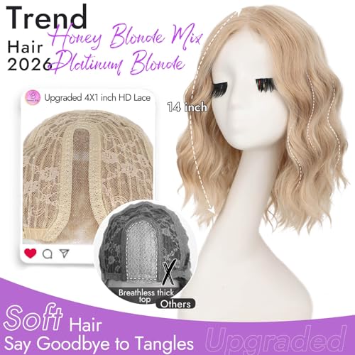 Image of Eawwii Wigs for Women Honey Blonde Platinum,Short Wavy Synthetic Lace Wig | Glueless 4x1 Lace Hairline, Heat-Resistant Fiber,Bob Wave Style,Natural Appearance for Everyday Cosplay 14 Inch