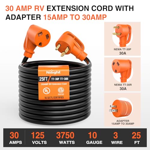 Image of Nilight 25FT 30 Amp RV Extension Cord with Adapter 15Amp to 30Amp 125V Heavy Duty 10 /3 Gauge Pure Copper STW Wire UL ETL Listed 3 Prong TT-30P TT-30R Weatherproof Suit for Generators Campers