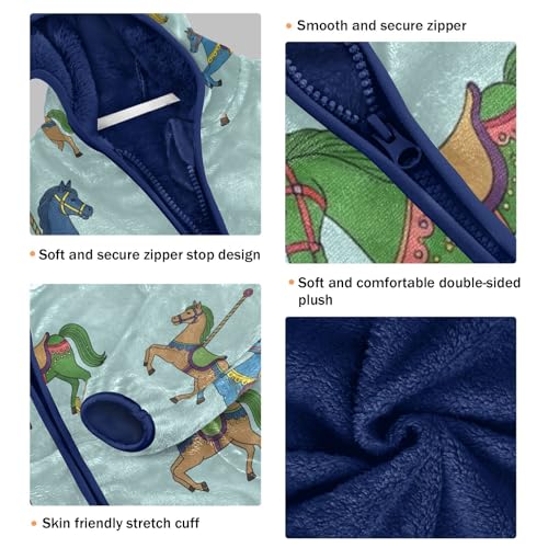 Carousel Horses on Blue Toddler Fleece Jacket Girl Boys Hooded Fleece Jacket Coat Warm Outwear Zip-up 3-10T3
