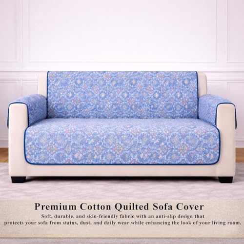 Image of STITCHNEST 'Double Vie Collection Series' Cotton Quilted Reversible Sofa Cover 2 Seater with Arm Rest and Pocket | Size 48x60 Inch