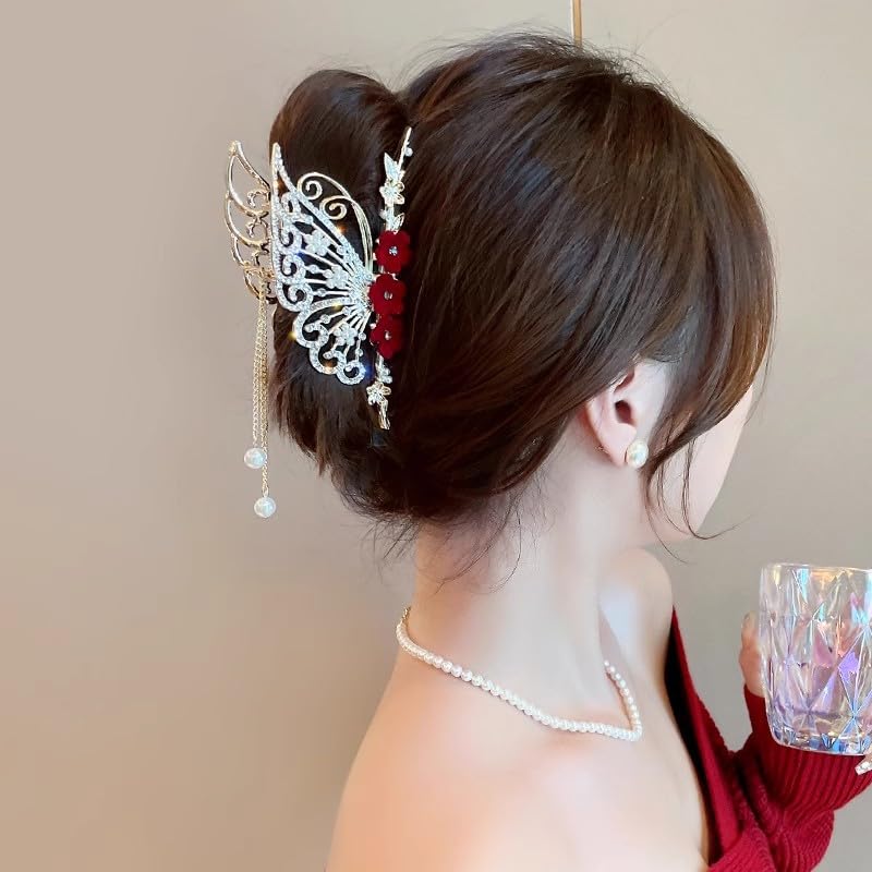 Pinza elegante con borla estilo oriental color rojo miniatura 5
