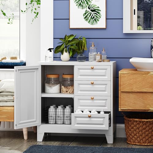 Image of GangMei Bathroom Storage Cabinet with 4 Drawers,Metal Bathroom Floor Cabinet with Door and Shelves,Toilet Paper Storage Cabinet for Bathroom,Home,33" H x 31.5" W x 15.75" D,White