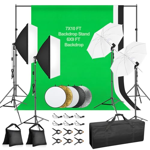 Qoolfoto 7x10ft Photography Lighting Kit with 3-Color 6x9ft Backdrops, Umbrella & Softbox Continuous Lighting with 50W LED Blub, 5 in 1 reflectors for Photo Studio Portrait Video Recording