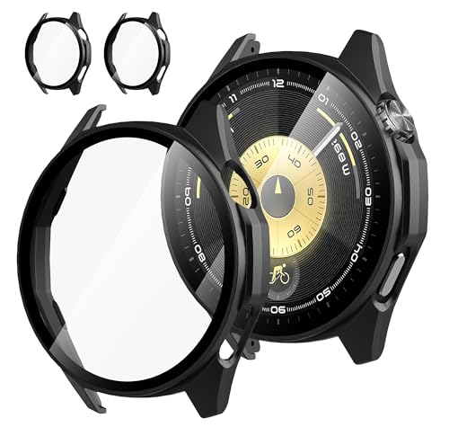 Diruite 2 Pezzi Custodia Protettiva per HUAWEI Watch GT 6 46mm Vetro Temperato,Ultra Sottile HD Vetro Pellicola Resistente Graffi PC Protezione Cover,Nero*2,46mm