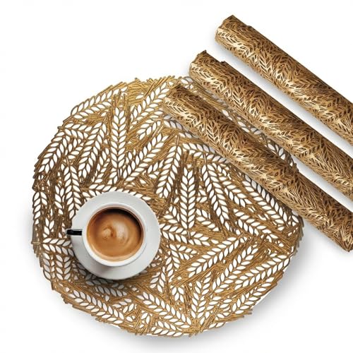 Image of Kuber Industries 4 Pcs Set Leather Round Side Table Mats | Washable Placemat /Dining Table Mat for Wedding and Family Functions | Leaf Design - Golden