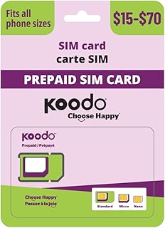 Koodo Mobile Prepaid 15$-70$ Sim Card Kit (3G Network) - 1 Month Prepaid Service Included | Talk-Text-Data | Pay as You go | Canada (15$ Talk-Text-Data) (KM15TT)
