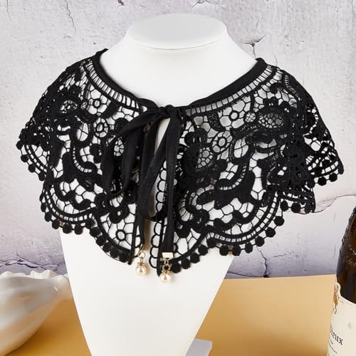GORGECRAFT Black Lace Collar Detachable Embroidered Floral Lace Neckline Neck Collar Trim False Hollow Out Cape Dickey for Women Clothes Sewing Applique Edge DIY Costume Garment - Image 4
