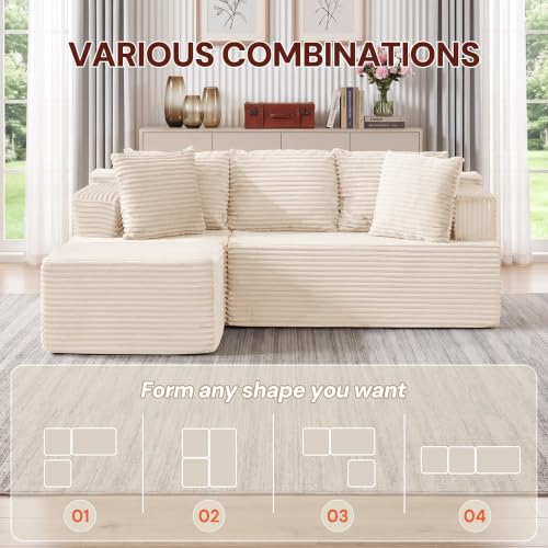Image of Korser Boneless Couches for Living Room, Cloud Couch Sectional with Ottoman, L-Shaped Sofa with Fluffy Comfy Corduroy Deep Seat, Bedroom, Apartment, No Assembly Required