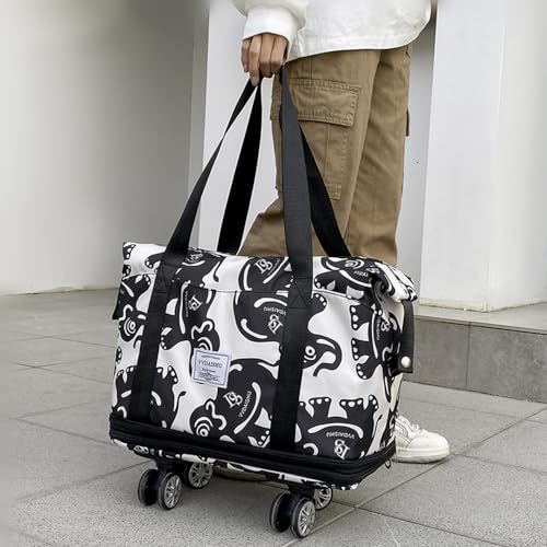 Travel Tote Bags with Trolley Sleeve Expandable Extra Waterproof Oxford Duffel Bag with Wheels Lightweight Traveling Foldable Suitcase (Black Letters, 45 x 24 x 75 cm) 7