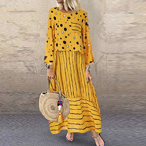 Witspace Women Vintage Print Polka Dots Striped Fake Two-Piece O-Neck Maxi Dress