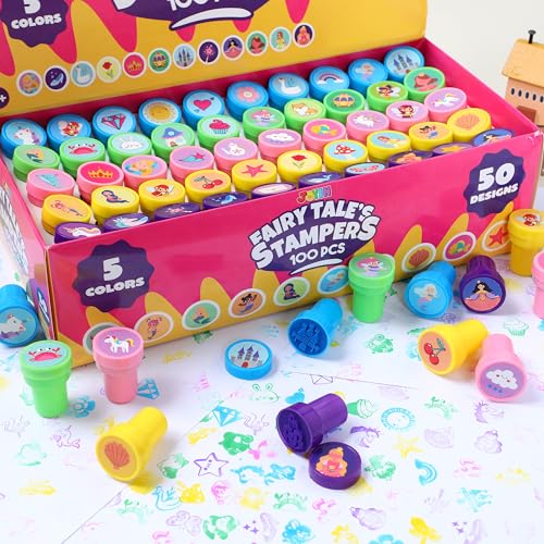 Image of JOYIN 100PCS FairyTale's Stamps for Kids Self-Ink for Party Favor, Teacher Stamps, Kids Treasure Box, Prize for Classroom, Birthday School Stuffers (50 Designs, Mermaid, Princess, Unicorn Stampers)
