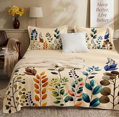 Image of SANMARINO 300TC Cloud Cotton King Size Bedsheet with 2 Pillow Covers | Super Soft & Breathable | Luxury Floral Pixel Bloom Digital Print Bedding Set | 228x254 cm | Autumn Leaves Blue Mustard