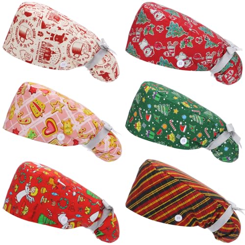 Image of 6 Pcs Scrub Cap Women Adjustable Nurse Cap with Button Bouffant Medical Surgical Hat Sweatband for Gift