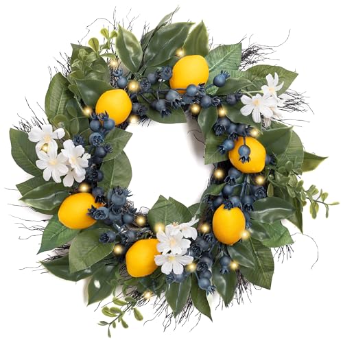Valery Madelyn Summer Artificial Lemon Wreaths for Front Door with Lights, Spring Summer Door Wreath with Eucalyptus Greenery Leaves Blueberry for Farmhouse Fall Home Kitchen Party Wall Decor-14''