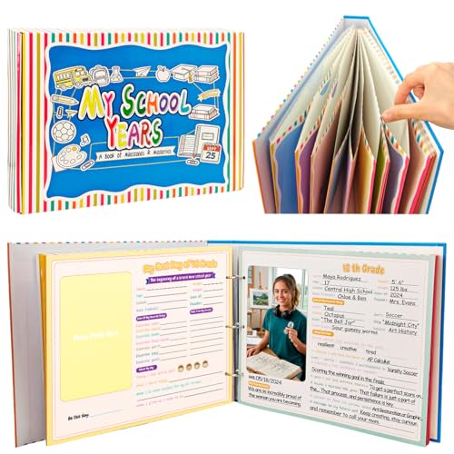 ALKB School Memory Book - Preschool to 12th Grade School Year Keepsake Scrapbook Memories Photo Album with Pocket to Record Childhood Milestones First & Last Day Growth Moments