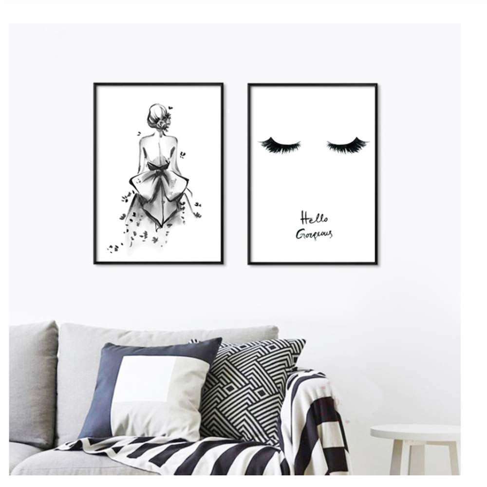 Cuadro en Lienzo HD Impreso Pared Acuarela Negra Chica y Sonrisa Lámina Cartel de la Pared Decoración enmarcada 60x80cm (23.6 "x31.5) x2 con Marco