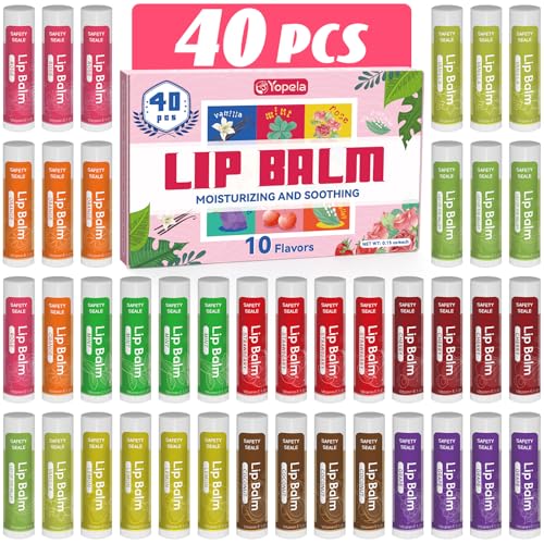 40 Pack Natural Lip Balm Bulk with Vitamin E and Coconut Oil - Moisturizing Dry Cracked Lips Mini Chap Stick Gifts for Kids Women Men- 10 Flavors Valentines Gifts