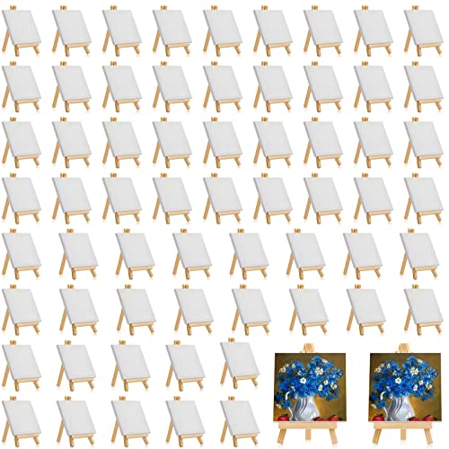 Mimorou 64 Pack Mini Canvas with Easel Sets for Painting Small Art Stretched Canvas Panels Pack with Wood Display Easel for Classroom Crafts Art Projects Birthday Paint Party Favors (3 x 3 Inch)