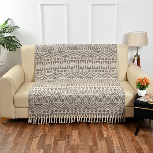 Image of Cotton Handloom Throw for Sofa & Bed - 125x150 cm (50x60 inches) | Soft Lightweight Reversible Tribal Pattern Blanket with Tassels | Decorative Sofa Cover for Living Room