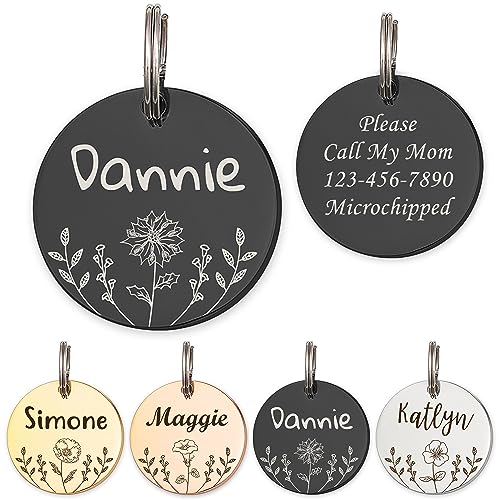 Anavia Floral Pet ID Tags, Birth Month Flowers Theme Dog Tag Round Bone Shape Cat Name Tag, Glossy Stainless Steel Gold Plated Dog Collar Tag (Round - Flower Field - Black, Medium)