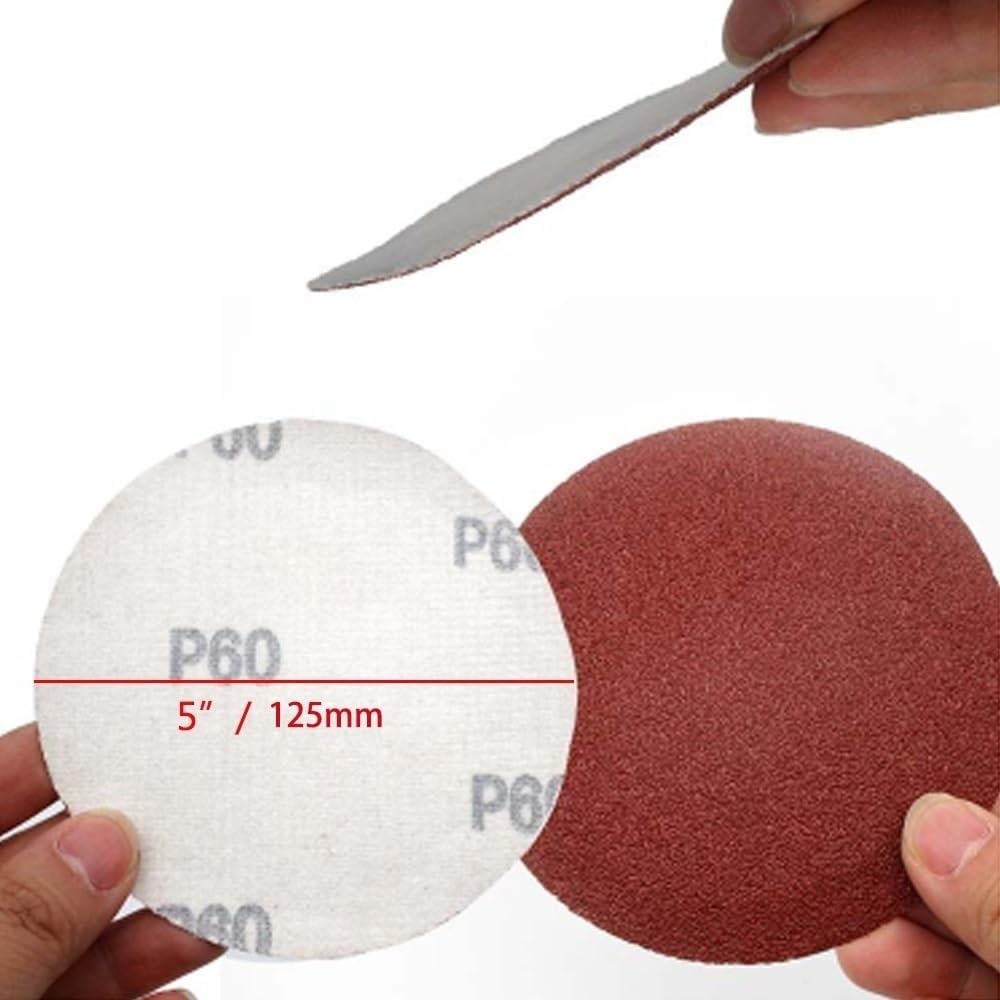 100 szt. Flokowane czerwone krążki papierowe - 5-calowe 125 mm krążki szlifierskie PSA z haczykiem i pętelką o ziarnistości 40-2000(240grit)