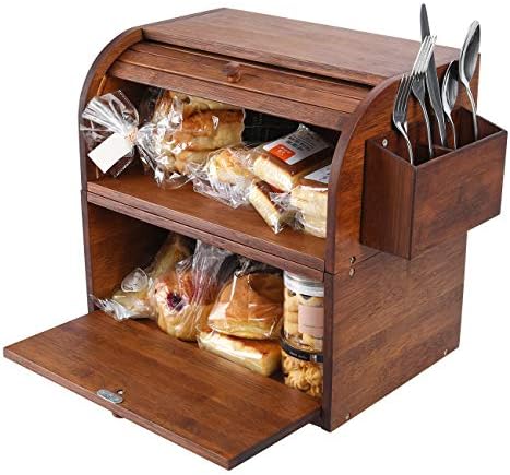 TQVAI Bamboo Bread Box for Kitchen Counter Dobule Layer Roll Top Bread Storage Container with Silverware Basket - Can Use as 2 Individual Bread Bin - Assembly Required, Retro Brown