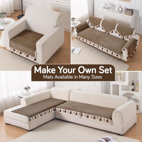 Image of HOKIPO Sofa Cover Mat with Tassel for 1 /2 /3 Seater & L Shape Sofa | DIY Sofa Cover Set | Dyed Holland Velvet | 'TasselTone Series' 70(W) x 220(L) cm |Warm Taupe (NEW-IN-1110-BRN)