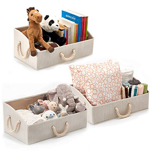 EZOWare 3 pcs Cajas de Almacenaje, Caja Abierta con Angulo de Tela Plegable Resistente con Manijas para Estanterías, Armarios, Ropa, Camisetas, Juguetes, y mas - (Beige) Cover