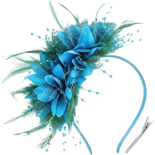 Image of DRESHOW Womens Fascinators Hats Tea Party Hats for Women Pearl Lace Feather Hat Vintage Derby Hats for Wedding Cocktail