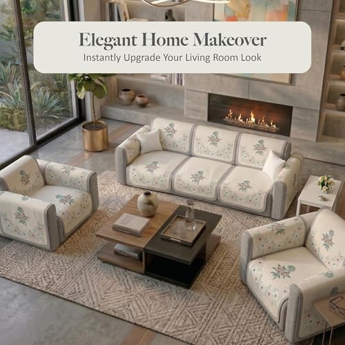 Image of Kuber Industries 5 Seater Sofa with Arm Cover | Slipcover for Living Room | Thick & Cozy | Non-Slip Comfort Sofa Cover Set | Painting Delta 1380 - Cream