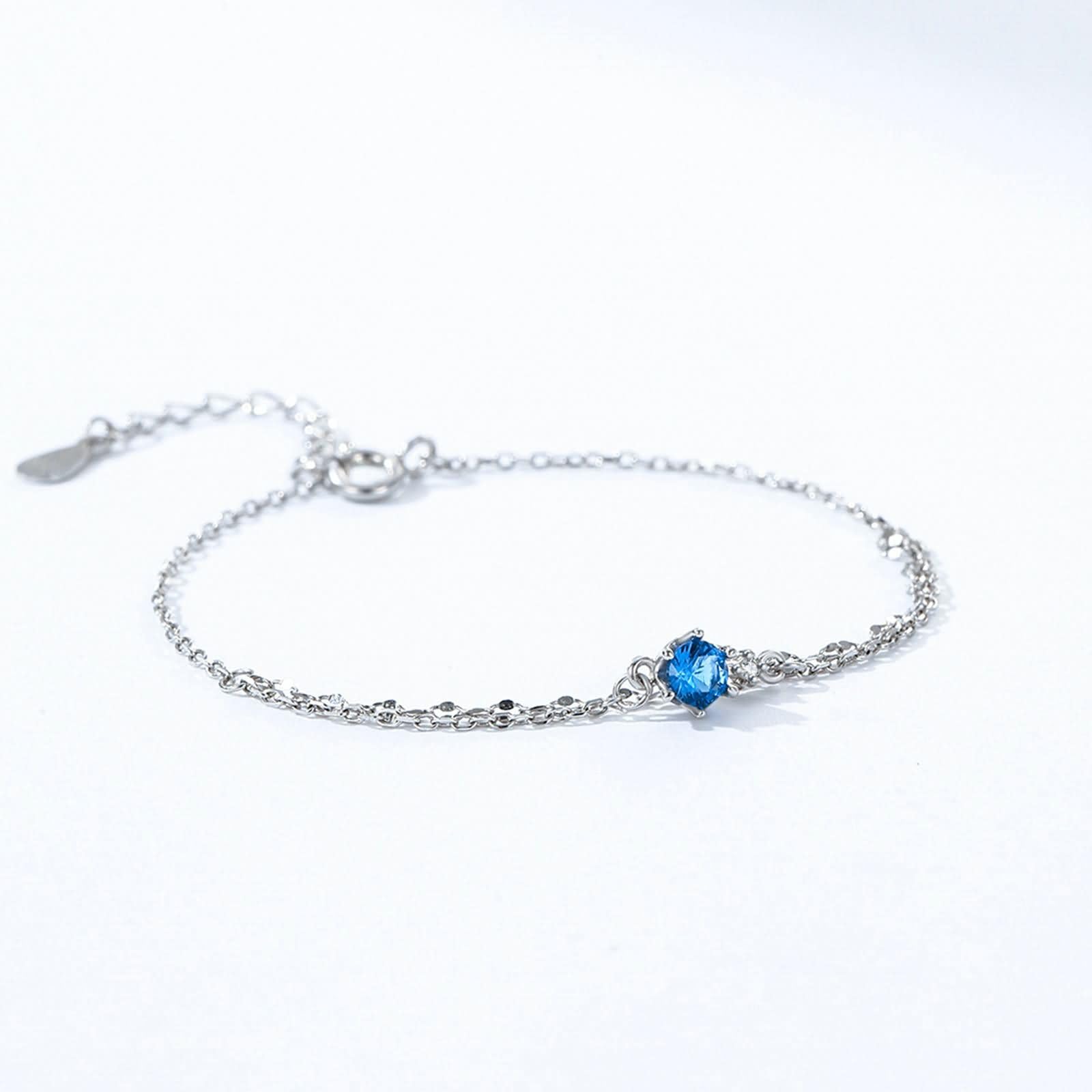 Pulseras Oro Blanco 9K / 14K / 18K Mujer, Cadena Doble Capa con Topacio y Moissanita, Cadena Extensible 16 CM + 5 CM, Pulsera de Mujer Plata Azul