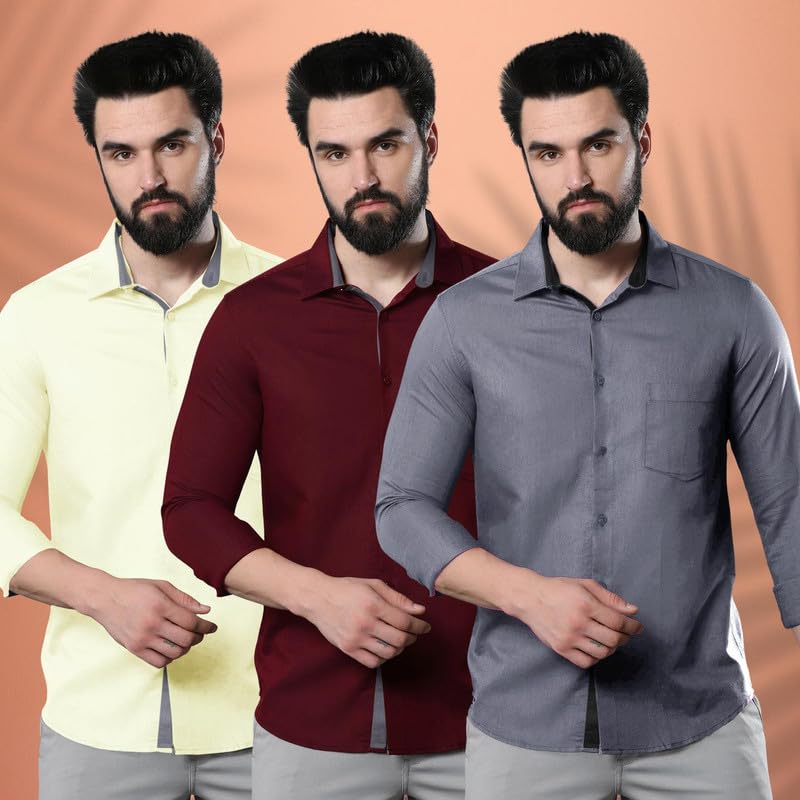 Image of Pinkmint Men's Solid Shirt | Soft Cotton Blend | Casual Shirt | Plain | Full Sleeve - Regular Fit (Combo Pack of 3 | Available in Plus Size)