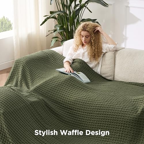 Image of Bedsure Cooling Cotton Waffle Oversized King Blanket - Lightweight Breathable Rayon Derived from Bamboo for Hot Sleepers, Luxury Throws for Bed and Sofa, Olive Green, 120x96 Inches