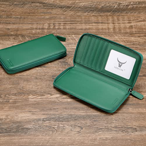 Image of HISCOW Leather Checkbook Cover, Zippered Wallet with Card Slots, Green | Full grain cowhide, 5cc & ID window, personal check book & register pockets, removable duplicate divider, women secure zipper