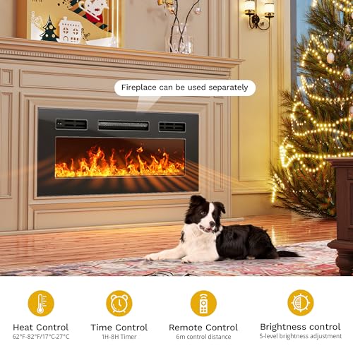 DWVO Fireplace TV Stand with 36" Electric Fireplace, Entertainment Center with LED Lights, Modern TV Cabinets for 65/75 Inch TVs for Living Room, Black