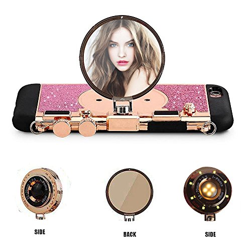 Case for iPhone 7/8,NUTK 3D Cool Camera Design Case TPU+Cute Silicone Cover Rotatable Holder Stand Case with Selfie Fill-in Light,Mirror,Long Strap Rope,Gift for Girls Womens(Moderate Hardness).Pink