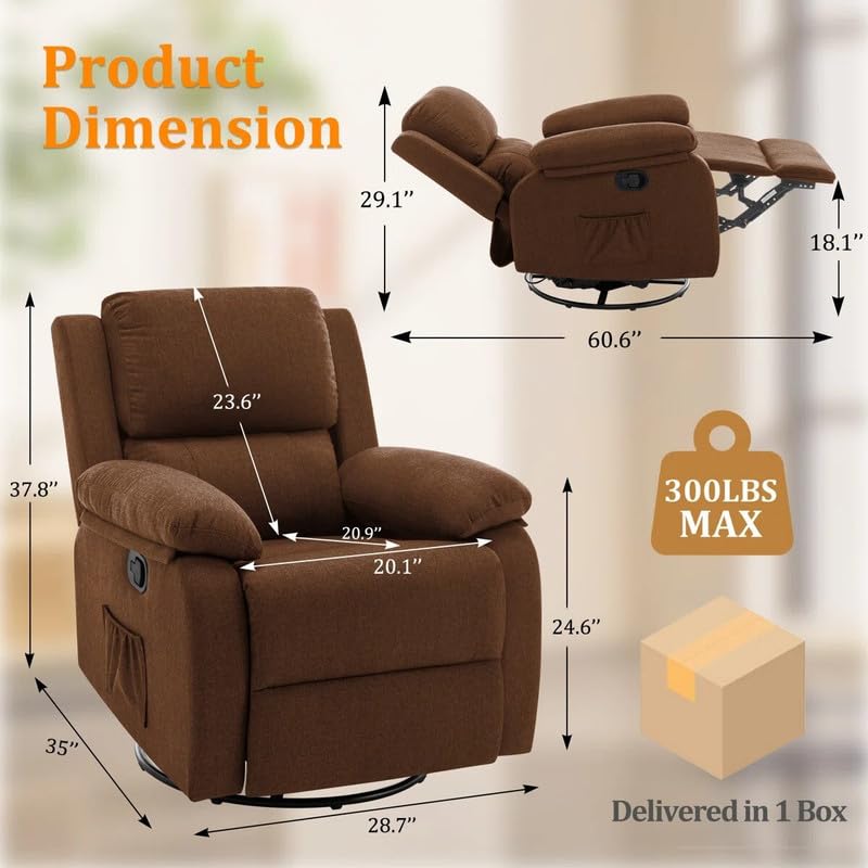 Image of Recliner Sofa 1 Seater | Manual Recliner, 360 Swivel Recliners for Small Spaces,Rocker Recliner with Side Pockets Chairs for Living Room, Bedroom, Nursery, Brown