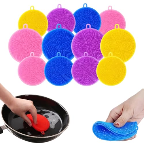 Image of Cleaning Sponge Silicone Scrubber for Kitchen Scrubber Fruit and Vegetable Washing Brush Round Scrubber Pad Multipurpose Silicone Dishwashing Tools (Multicolor) (12)
