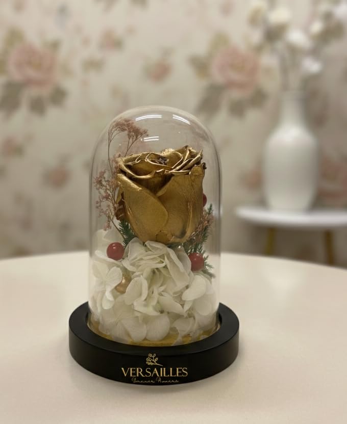Versailles Eternal Golden Rose Glass Dome | Luxury Preserved Gold Rose with Decorative Hydrangea | Romantic Forever Rose-image-32