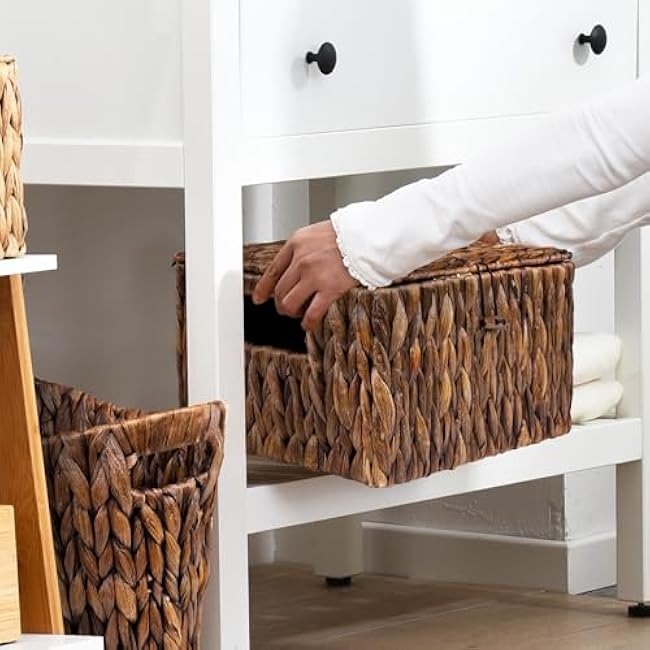 FairyHaus Brown Wicker Storage Basket with Lid & Handle 2Pack, Natural Water Hyacinth Basket for Organizing, 13x10x7& 11.2x8.3x5.7 (L+M)