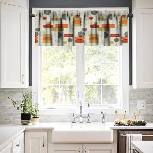 Image of Retro Abstract Geometric Kitchen Valance Curtain, Vintage Shapes Stars Mid Century Boho Retro Linen Window Treatment Valances for Kitchen Living Room Cafe Decor 54'x18', 1 Panel