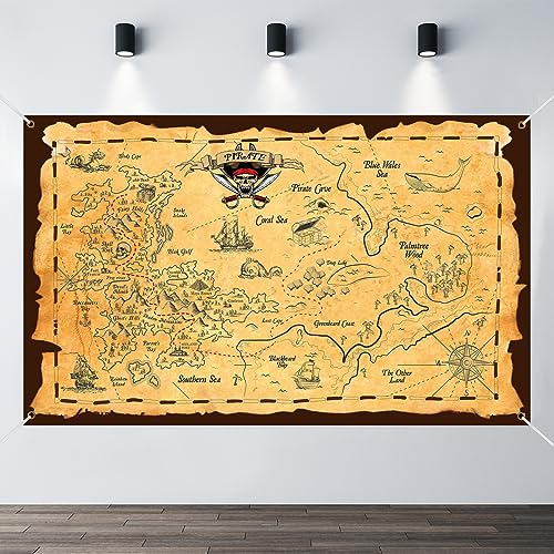Pirate Treasure Map Backdrop Background Island Treasure Map Banner Nautical Wall Tapestry Hanging Decoration for Treasure Hunt Theme Birthday Party Photo Shooting Booth Props with Pirate Eye Patch