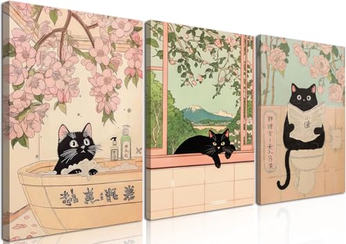 Japanese Bathroom Wall Art Set of 3, Cute Black Cat