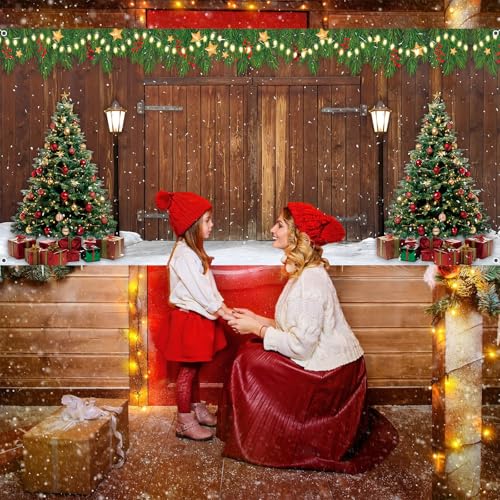 Christmas Backdrop 20x10ft Winter Barn Door Rustic Wood Photography Background Snowy Xmas Tree Snowflake Banner Large Family Holiday Party Decorations Photo Booth Props Supplies by Eleouto - Image 6