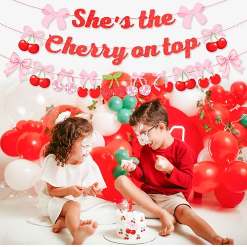 Image of K KUMEED 3PCS Cherry Party Decorations,She's The Cherry On Top Theme Banner, Cherry Garland Decor Summer Fruit for Birthday Baby Shower Wedding Bridal Shower