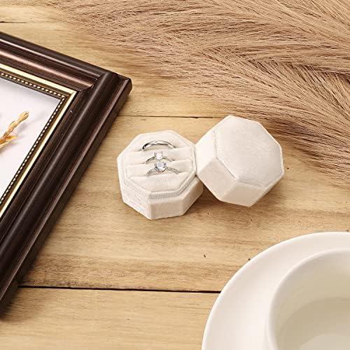 Velvet Ring Box for Wedding Ceremony, 3 Slots Octagonal Velvet Jewelry Ring Box for Proposal Engagement Wedding Anniversary Valentines Day for Holding 3 Rings (Beige)