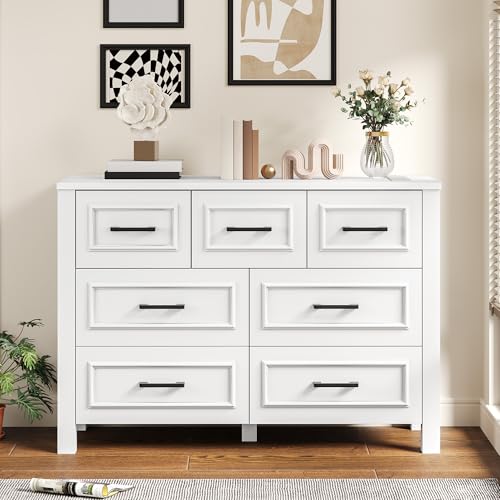 DWVO Farmhouse Wooden Dresser TV Stand with Power Outlet, 7 Drawer Dresser with Large Storage Drawers and Bar Handles, Ideal for Bedroom, Living Room, Hallway, 47.2" x 15.7" x 33.4" - White