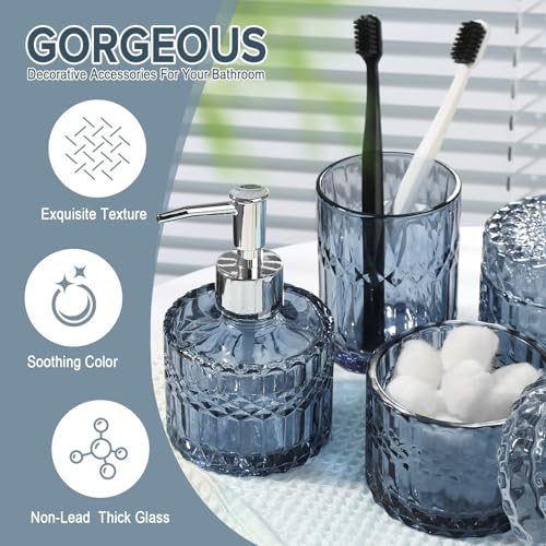Blue Bathroom Accessories 4Pcs, Diamond Glass Bathroom Accessory Set, Bathroom Set with Soap Dispenser, Blue Bathroom Decor with Toothbrush Holder, Qtip Holder for Bathroom, Countertop - Image 5