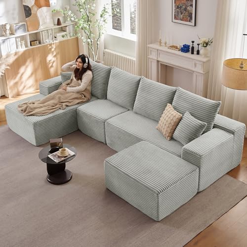 135" Modular Sectional Sofa with U Shaped Chaise, Upholstered Couches for Living Room with Deep Seat, No Assembly Required, Corduroy Cloud Couches, Grey(Left-Facing Chaise